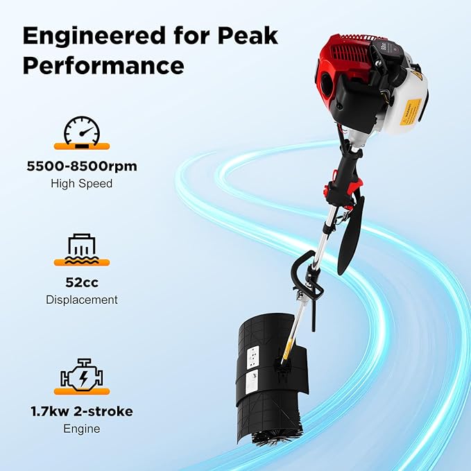 52CC 2 Stroke Hand Held Gas Power Broom, 2.3HP Gas Power Handheld Sweeper, Motor Side-Mounted Sweepers Snowplow Broom, Sweeping Lawns Brush Lawn Cleaner Tools for Cleaning Lanes, Driveways