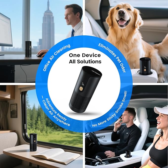 Arint Car Air Purifier, Mini Portable HEPA Filter with 4-Layer Filtration & LCD Display, 15dB Ultra Quiet, Cordless, Eliminates 99.97% of Smoke Dust Pet Odors for Vehicle Office Travel