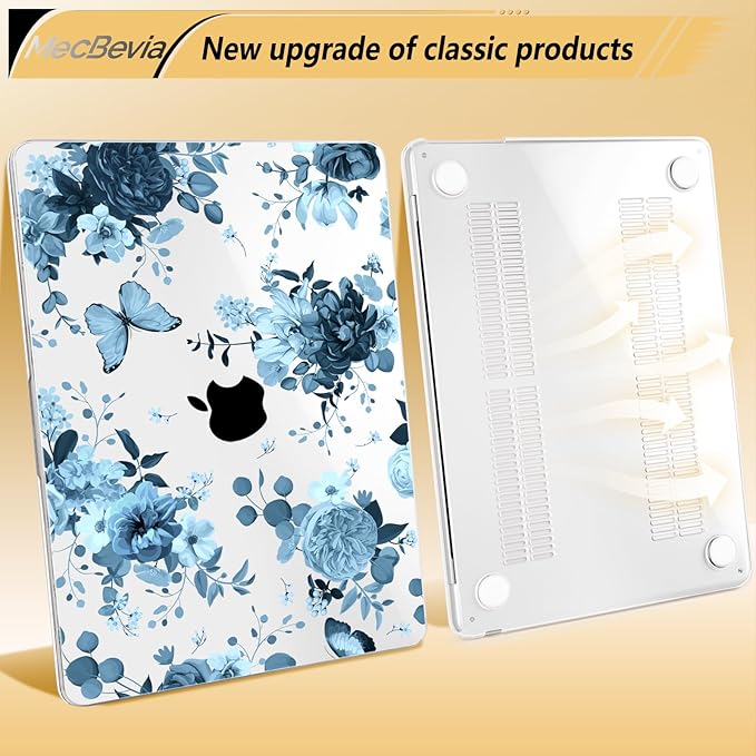 MecBevia Compatible with MacBook Air 13.6 inch Case, M4 A3240/M3 A3113/M2 A2681 (Released 2025 to 2022), Hard Shell, Keyboard Cover, Screen Protector, Webcam Cover & Type-C Adapter, Blue Flowers