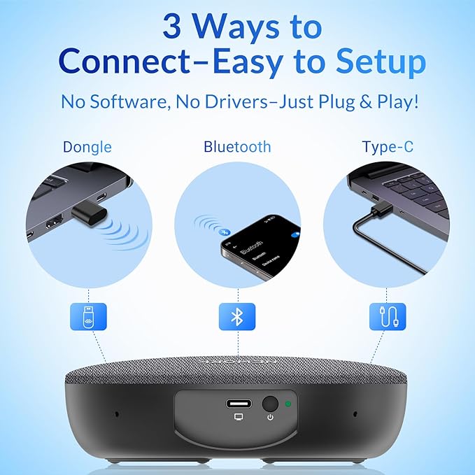 NEWORK Bluetooth Conference Speakerphone with AI Noise Reduction, 4 Mics, 360° Voice Pickup, 2600mAh Battery, Bluetooth/USB-C/Dongle, Daisy Chain for Large Rooms, Compatible with Zoom/Teams/Skype