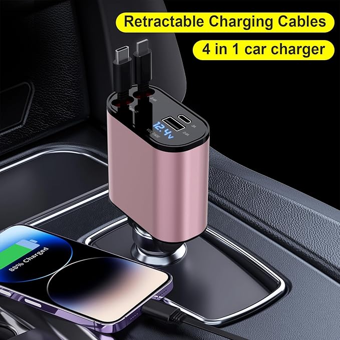 69W Fast Charging USB C Car Charger, 4-in-1 Retractable Phone Charger for iPhone 17, Travel Essentials, Gifts for Women Men, Car Accessories for Women Men, for iPhone 17 16 15 14 13, Galaxy, Pixel