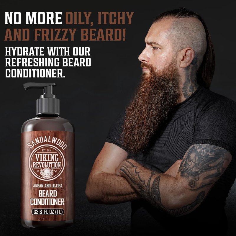Viking Revolution Sandalwood Beard Conditioner - Argan & Jojoba Oil Beard Softener | 33.8 Fl Oz