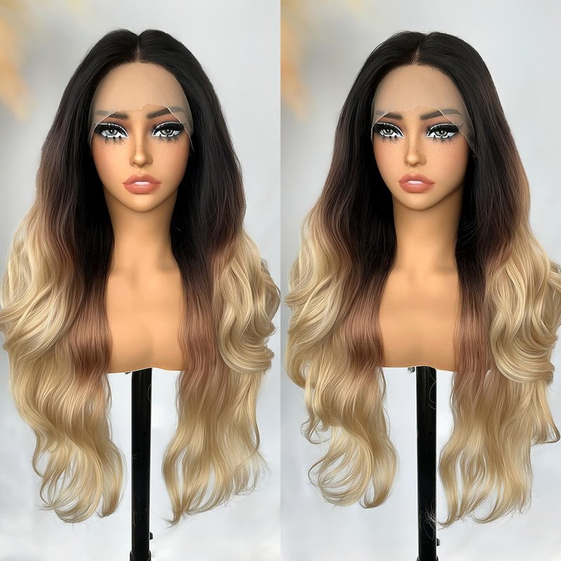 SOKU Lace Front Wavy Wigs for Women 30 Inch Ombre Blonde Body Wave Synthetic Hair Triple Tones T Part Transparent Swiss Lace Front Wig for Women