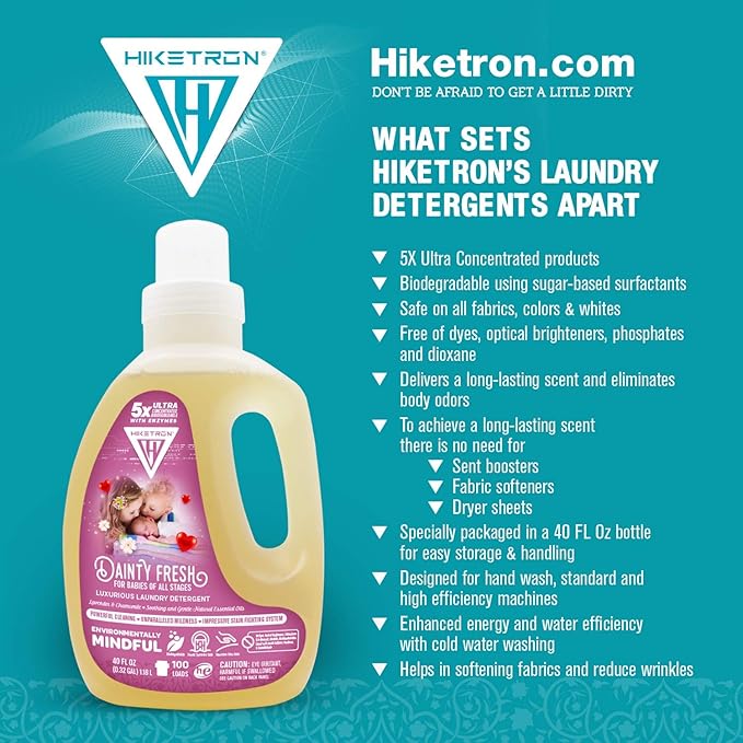 Hiketron Dainty Fresh For Babies Liquid Laundry Detergent, 5x Ultra Concentrated, Tough Stains Remover, Long Lasting Scent (80 Fl Oz, Pack of 2)