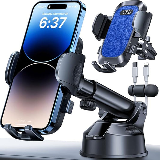 [True Upgrade for Safety] YRU Car Phone Holder Mount [Patent & Military-Grade]Dashboard Cell Phone Holder for Car Vent Windshield Phone Stand for iPhone 17 16 15 14 13 Pro Max Truck Samsung, Dark Blue