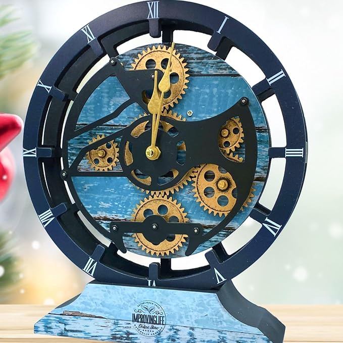 ImprovingLife The Gears Clock Desk Clock 10 inches with Real Moving Gears Convertible into Wall Clock (Ocean Blue)