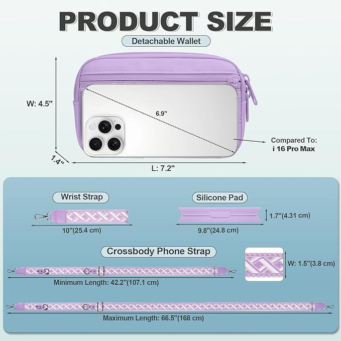 YFWE Clip and Go Strap for Phone with Wallet Crossbody, Adjustable Phone Lanyard with Detachable RFID Wristlet Wallet, Pattern Strap - Purple (L)