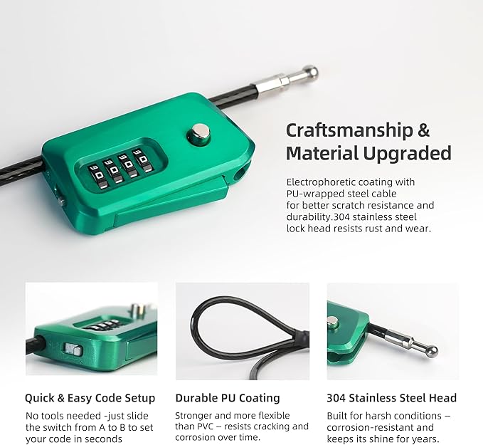 UP Security 6ft Python Cable Lock for Bike, Bicycle, Trail Camera, 4 Digit Combination Lock, Heavy Duty Anti Theft Candado, Adjustable Locking Cable for Trail Cam, Kayak, eBike, Outdoor Equipment