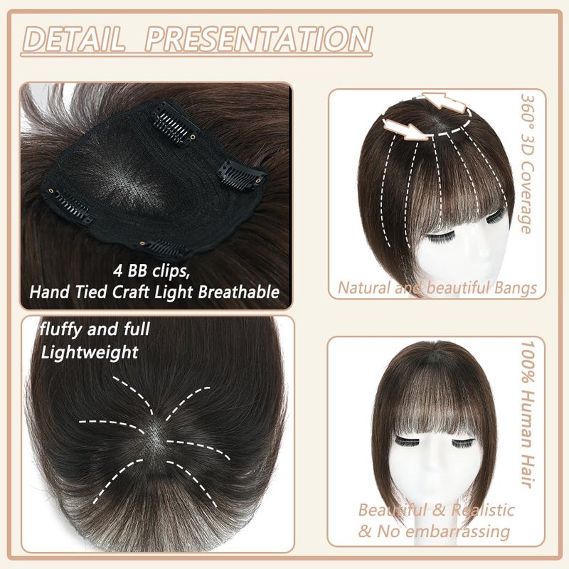 HVVZOY Hair Toppers for Women Real Human Hair, 360° 3D Real Human Hair Toppers for Women with Thinning Hair Clip in Bangs Big Coverage 12 Inch Hairpieces (Gray02, 3D Wispy Bangs 10x11)
