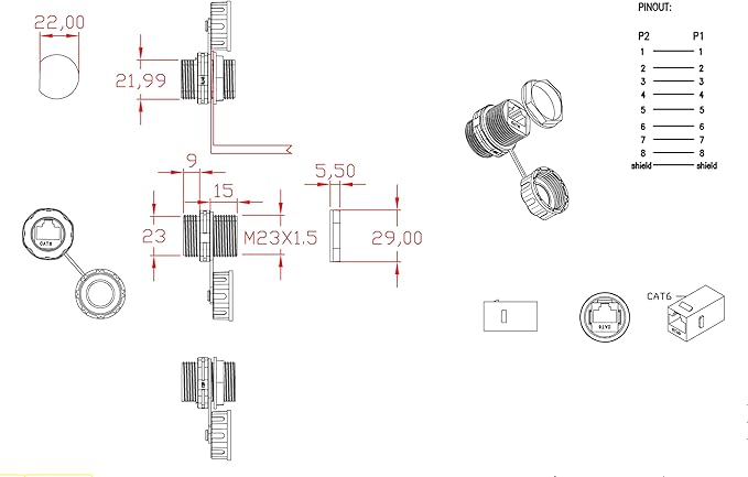 ANMBEST 10PCS Panel Mounting Shielded CAT6 RJ45 Waterproof Connector Cat5/5e/6 8P8C Ethernet LAN Cable Coupler Double Head Adapter with Waterproof/Dust Cap