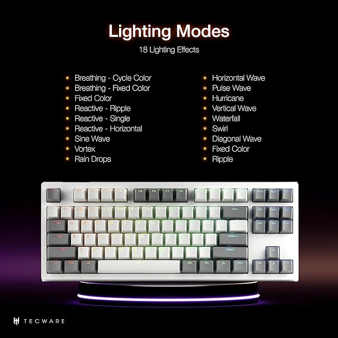 TECWARE Phantom+ Elite 87 Key RGB Mechanical Gaming Keyboard | 3 Mode Wireless Bluetooth 5.0 2.4GHz & USB C Wired | Hot Swappable 5 Pin | Double Shot PBT Keycaps | Wraith Orange Switch - White