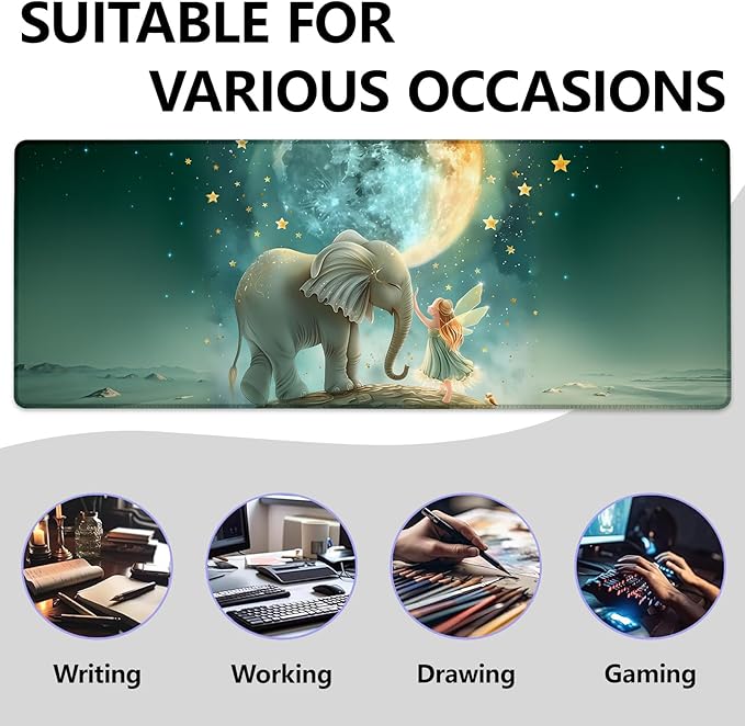 Mounidso Fairy and Elephant Large Mouse Pad, Gaming Mouse Pad, Keyboard Mat, Non-Slip Rubber Base, Office Accessories, Desk Mat, MousePads for School, Work, Home Decor Gifts 31.5" x 11.8"