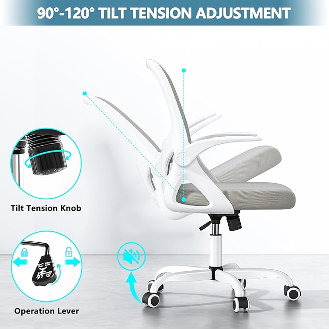 Kensaker Home Desk Chair with Back Supportive Lumbar Support, Breathable Double Mesh Cushion Home Desk Office Chair with Flip up Arms, Modern Ergonomic Home Office Chair for Work(Gray)