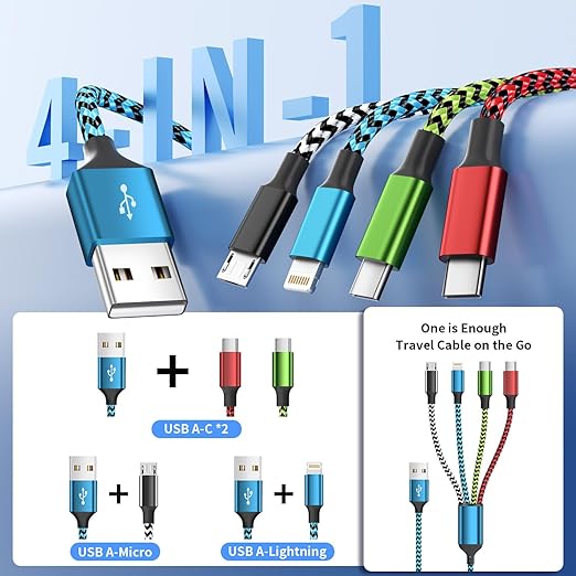Jogrytece Dual Type C Port Multi Charging Cable, 4 in 1 Braided Charging Cables for All Device, Travel Cruise Essentials Multiple Charger USB Cable for iPhone 17-8/ Android/Galaxy/Pad and Mor