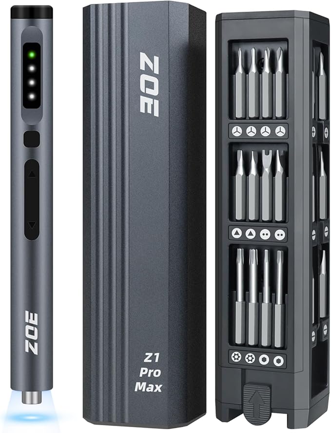 ZOE Mini Electric Screwdriver Set, 3 Torque (0.15-0.5N·m) + LED Light, 500mAh USB-C,42 S2 Steel Bits, Precision Repair Kit for Laptop/Camera/Electronics