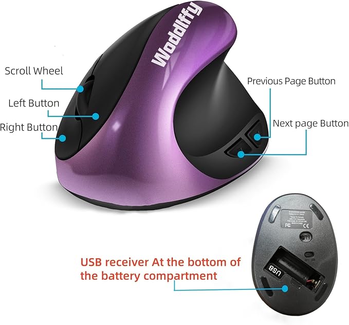 Woddlffy Ergonomic Mouse Wireless,Vertical Mouse with Silent Click Right Handed Small Mouses with 6 Buttons 1000/1200/1600 for Laptop,Desktop,PC, MacBook（Purple AA）