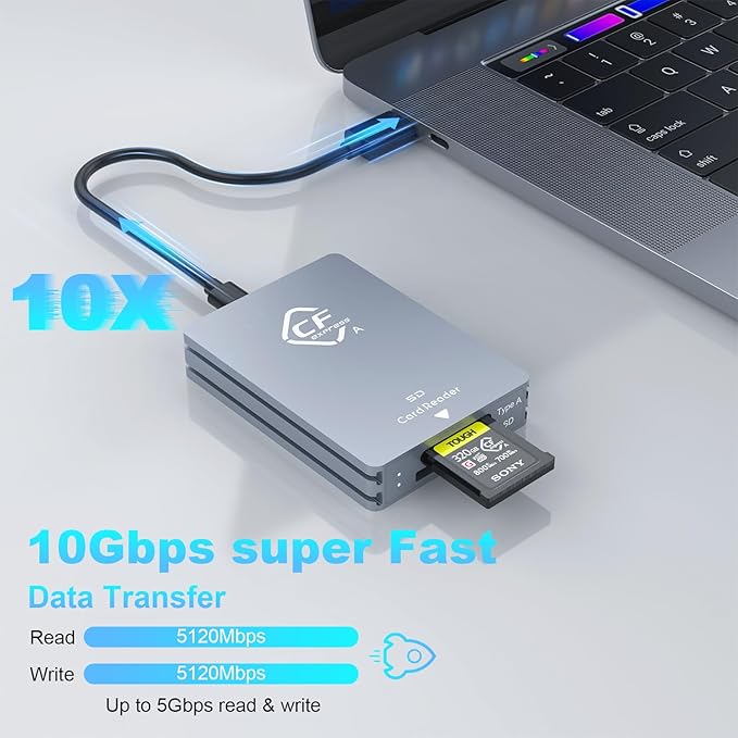 CFexpress Type A and SD Dual-Slot Memory Card Reader, 10Gbps USB 3.2 Gen 2 Type A CFexpress Adapter Memory Card Reader with USB C to USB C/USB A Cable,Compatible with Windows/Mac/Linux/Android