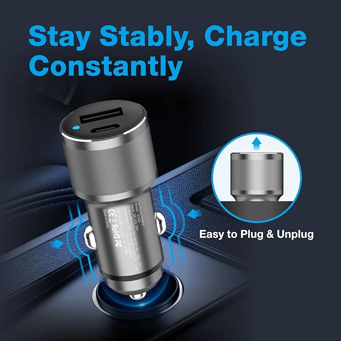 MOCA 38W Fast Car Charger, 2-Port PD/QC 3.0 All Metal Car Power Adapter W/2 PCS 3.3ft PD Lightning Cord Quick Charging for iPhone 17/16/15 Series, Samsung Galaxy S25/S24/S23 Series, iPad Pro, AirPods