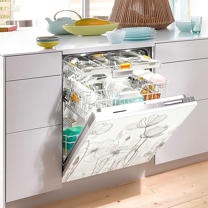 Vnurnrn Dishwasher Magnet Cover Line Drawn Flowers Print, Dish Washer Cover for Kitchen Decor, Easily Trimmable Dishwasher Sticker Refrigerator Magnetic Cover 23Ã26 in