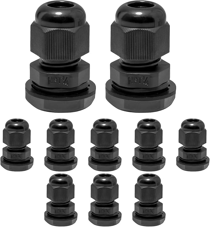 Bonsicoky 10 Pcs 1/4" NPT Nylon Cable Glands, IP68 Waterproof Adjustable Cord Grip Cable Connector Strain Relief Wire Protectors for 4-6mm Cable Diameter, Black