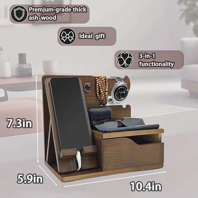 UUyuality 3-in-1 Wood Phone Docking Station Organizer with Drawer & Hidden Charging Hole for Phone, Keys, Glasses & Accessories, for Men (WALNUT, 01)
