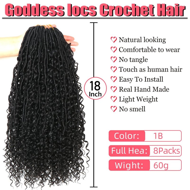 Goddess Locs Crochet Hair-18 Inch 8 Packs Boho Faux Locs Crochet Hair for Black Women Pre Looped Soft Locs with Curly Ends (1B#, 18 Inch(Pack of 8))