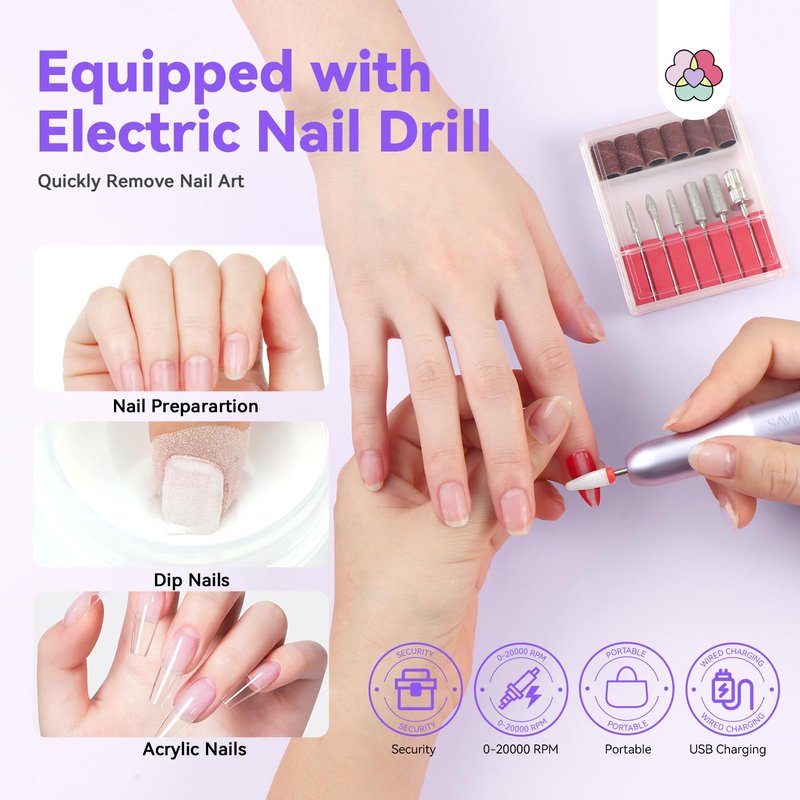 SAVILAND Clear Dip Powder Nail Kit with Electric Nail Drill: 60g/2.1oz Clear Dipping Powder for Nails with Dip Nail Liquid Set Base Activator & Top Coat Brush Saver Builder Repair Kit Home Manicure