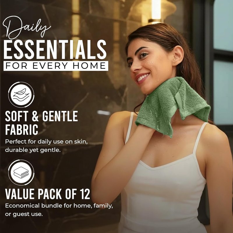 Riverside 12-Pack Cotton Sage Green Face Towels | Soft & Absorbent 550 GSM Washcloths for Bathroom, Spa & Gym