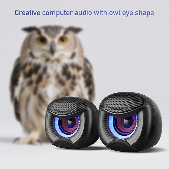 Elimavi USB Computer Speakers, 3.5mm Aux Speaker and USB Powered Interface are Suitable for Desktop Laptop Monitor, Owl Eye Design, Includes a USB-C Adapter, Blue Lights