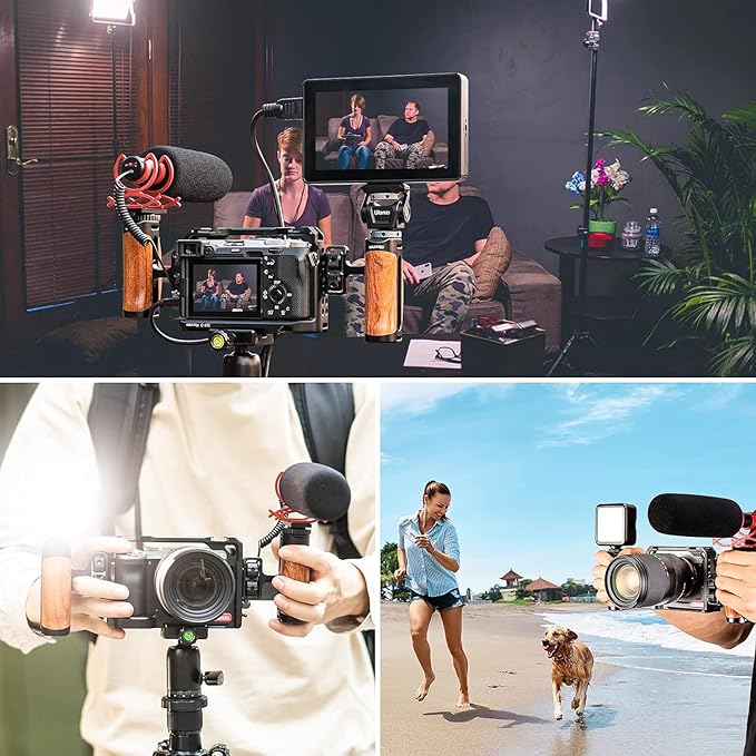 ULANZI R075 Wooden Camera Side Handle,Left & Right Dual Grip with 1/4"-20 + Cold Shoe,Walnut Wood Video Rig Compatible With Mirrorless A7 IV A6700,Canon R6 R50,Run-and-Gun Vlog & Smartphone Cage Mount