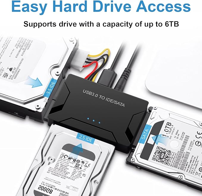 EYOOLD Hard Drive Reader, USB 3.0 to IDE and SATA Adapter External Hard DriveConverter for Universal 2.5/3.5 HDD/SSD Hard Drive Disk Includes 12V Power Adapter, Support 6TB - Black