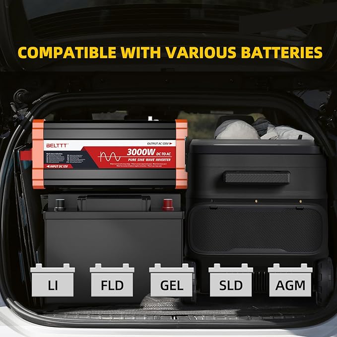 BELTTT 3000W Pure Sine Wave Inverter 12V DC to 120V AC for Solar, Off-Grid, RV, Truck, Home, Power Inverter with Dual AC, 20A Socket, 5V 2.1A USB, Hardwire Port, Remote Controller 23Ft Cable