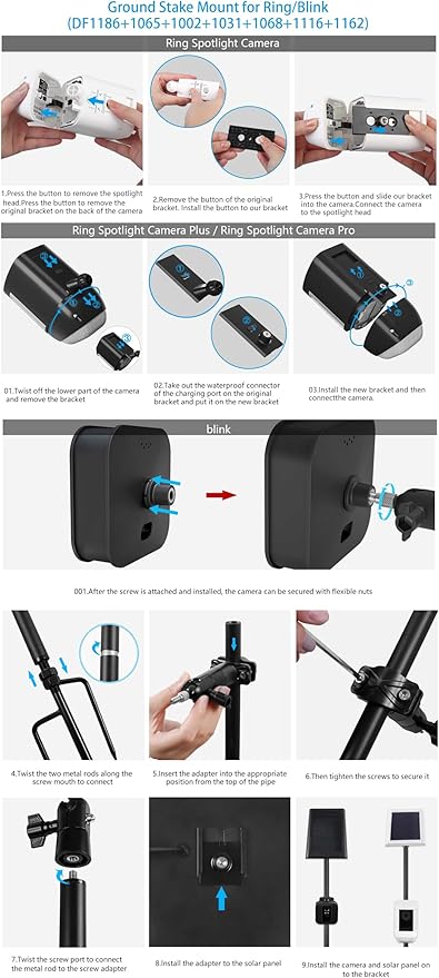 VOMENC Universal Ground Stake Mount Bracket for Outdoor Security Cameras and Solar Panels, Compatible with Ring, Blink, Eufy, Google Nest, Arlo, Wyze, SimpliSafe, 1/4 Screw Cameras (Black)