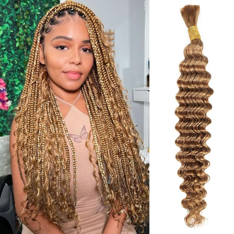 Deep Wave Bulk Human Braiding Hair 50g 22 Inch Honey Blonde Human Braiding Hair for Boho Braids 1 Bundle/Pack No Weft Color 27# 100% Brazilian Human Braiding Hair Extensions for Micro Braiding