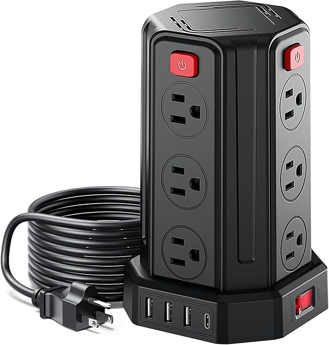 Power Strip Surge Protector, 6.5 Ft Extension Cord with 12 AC Multiple Outlets 4 USB (1 USB C), SMALLRT Power Tower Desktop Charging Station