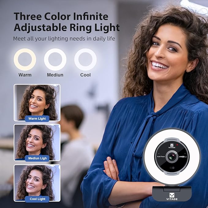 VITADE Zoomable Webcam with Remote Control, 1080P 60FPS Streaming Webcam with Adjustable Ring Light and Tripod, Pro USB 5X Digital Zoom Webcam for Zoom/Skype Teams/Laptop/Mac Windows