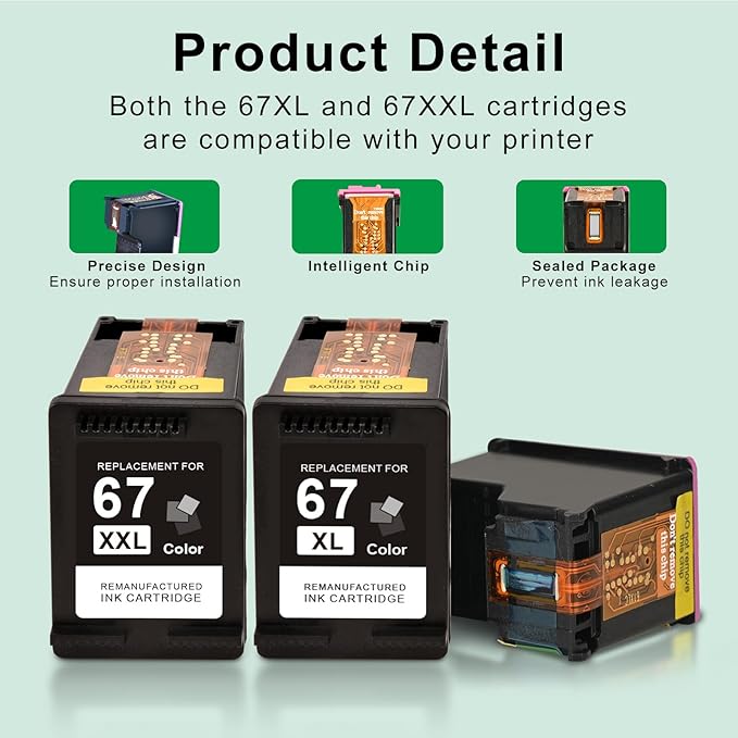 SAILNER 67XL Ink Cartridges Black/Color Combo Pack Replacement for HP Ink 67 HP67XL (2-Pack High Yield) Compatible with HP DeskJet 2755e 2855e 2700e 4155e 2734e 2827e 4100e Envy 6055 6455e Printer