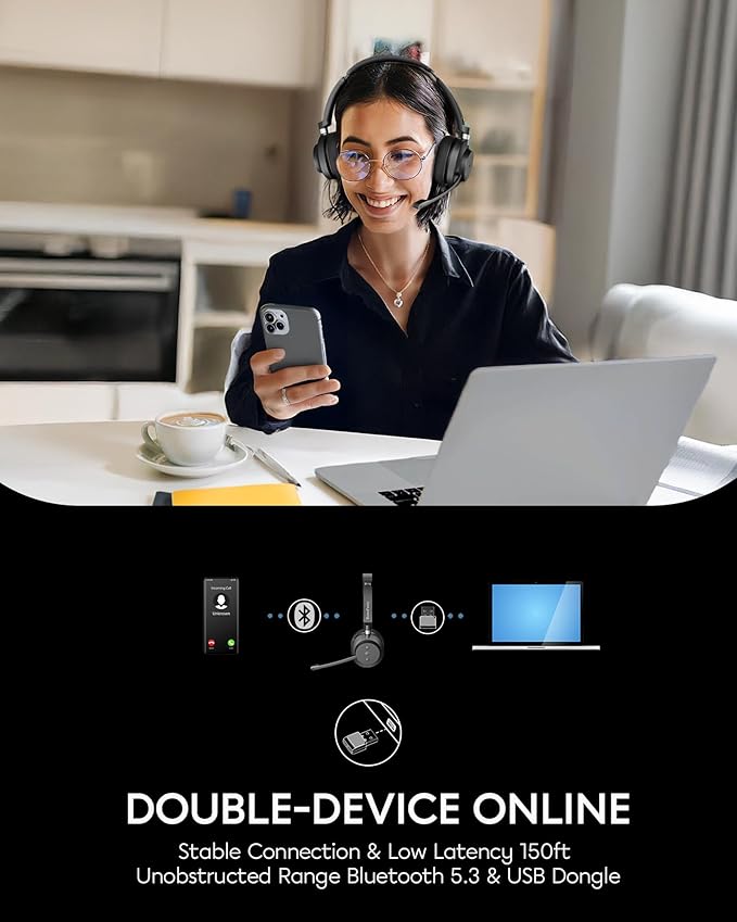 Wireless Bluetooth Headset with Microphone for Work, Bluetooth 5.3, Noise Reduction Mic with HD Voice, Hi-Fi Stereo Sound, Lightweight & Comfortable Design for PC, Laptop, Phone, Call Center, Home
