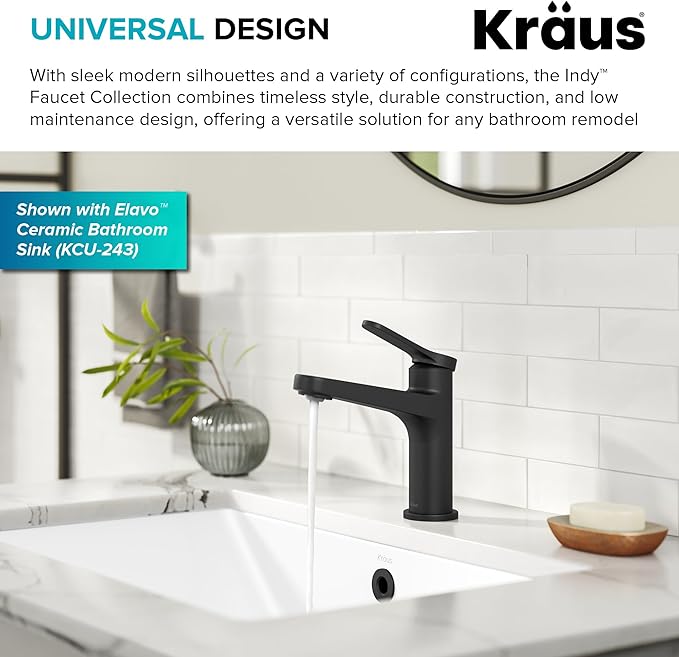 KRAUS Indy Bathroom Faucet in Matte Black with Single Handle, Pop Up Drain and Supply Lines, KBF-1411MB