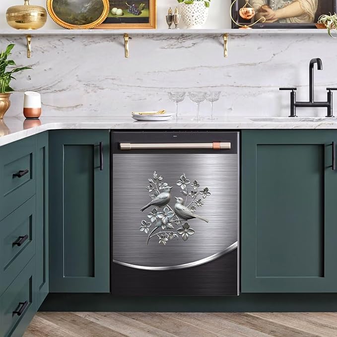 Grey Metal Silver Pattern Dishwasher Cover Sheet Magnetic Bird Flower Polishing Steelbird Dishwasher Skin Decor Silver Texture 23X17 INCH Magnet Rerigerator Wrap Kitchen Panel Full Decal
