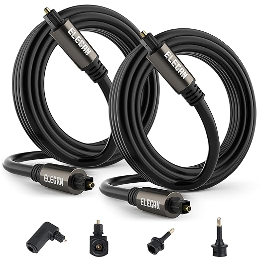 Elecan Optical Audio Cable 8 Ft/2 Pack Digital Audio Toslink Cable Cord-Fiber Optic-Gold Plated-Flexiable&Durable-for Home Theater,Sound Bar,PS4& Xbox-with Right Angled+Mini Toslink Adapters+Ties
