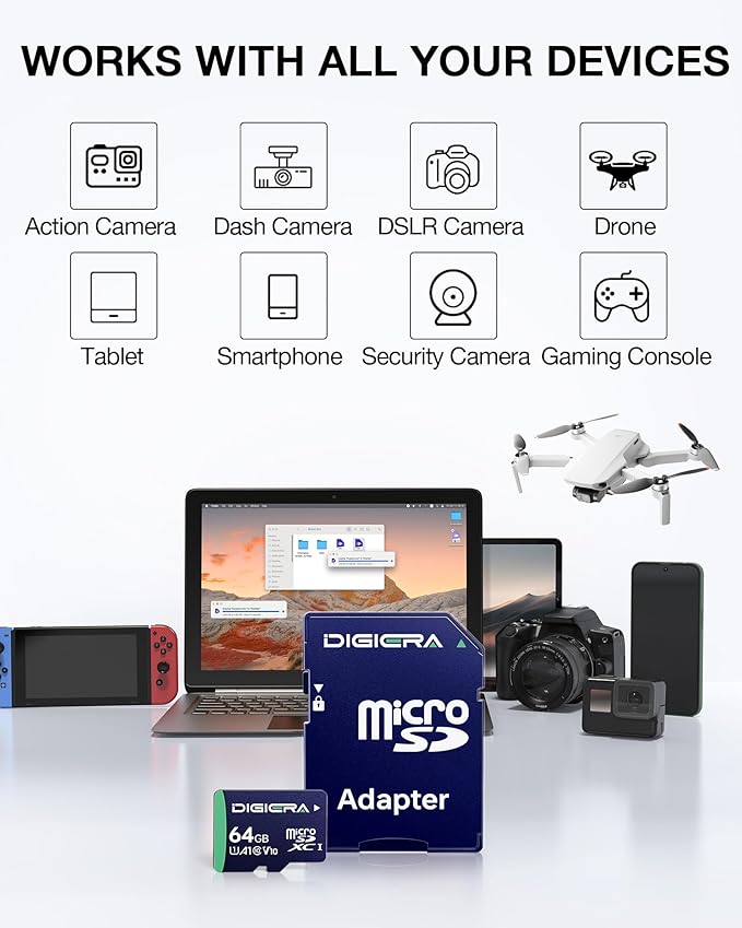 DIGIERA 64GB CT100 microSDXC UHS-I Memory Card with Adapter - up to 100MB/s, C10, U1, V10, Full HD, A1, Micro SD Card for Smartphones, Tablets, Cameras, Gaming Consoles, and Drones (1 Pack)