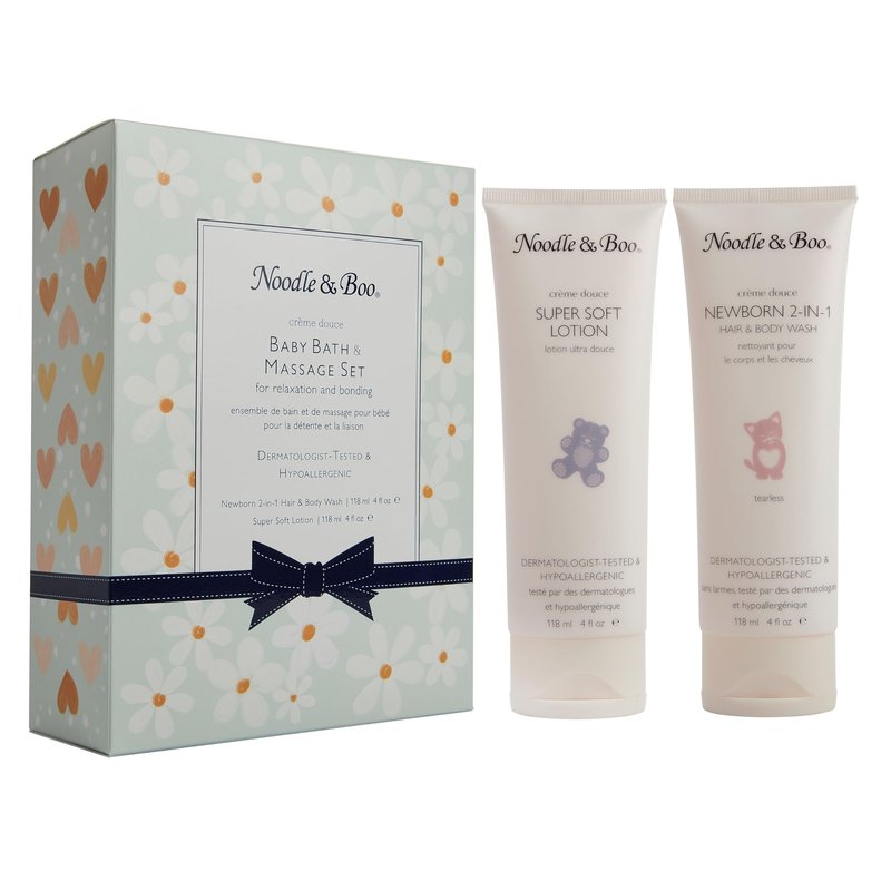 Noodle & Boo Baby Bath & Massage Gift Set – With Newborn Hair & Body Wash & Super Soft Lotion, Pediatrician-Tested, Dermatologist-Tested for Delicate Sensitive Baby Skin, Green Daisy & Heart