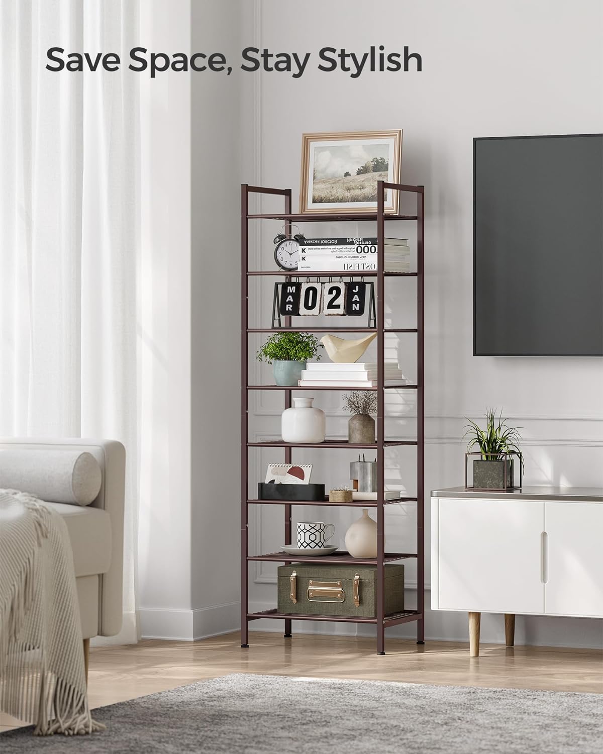 SONGMICS Narrow Shoe Rack - Sturdy 8-Tier Metal Organizer for Small Spaces | Bronze, 12"D x 17.6"W x 50.6"H