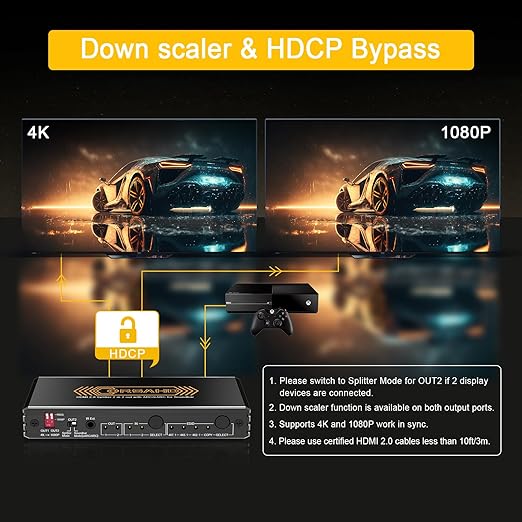 CORSAHD 4K@60Hz HDMI 2.0 Splitter 2 in 2 Out with Audio Extractor Supports ARC,e-ARC,Soundbar,Downscale,HDCP Bypass,HDR,CEC,EDID,SPDIF,IR Remote,HDMI Swtich 2 in for soundbar