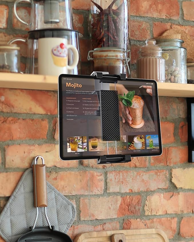 woleyi Under Cabinet Tablet Mount, Kitchen iPad Holder for Desk/Shelf/Board/Chair, 360° Adjustable Metal Clamp Stand for iPad Pro Air Mini, Galaxy Tabs, Z Fold, Fire, Surface, Switch, 4.7-13" Devices