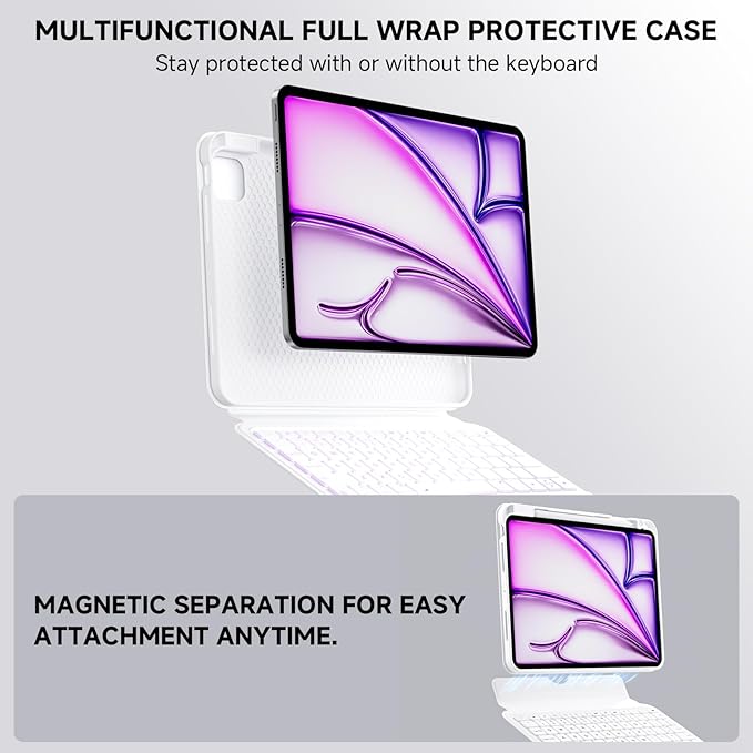 Tiaota for iPad Pro 11-inch (M4, 2024) Keyboard Case with Multi-Touch Trackpad, 360° Rotating Magnetic Stand, Detachable Protective Cover, Portrait & Raised Modes, 7-Color Backlight – White