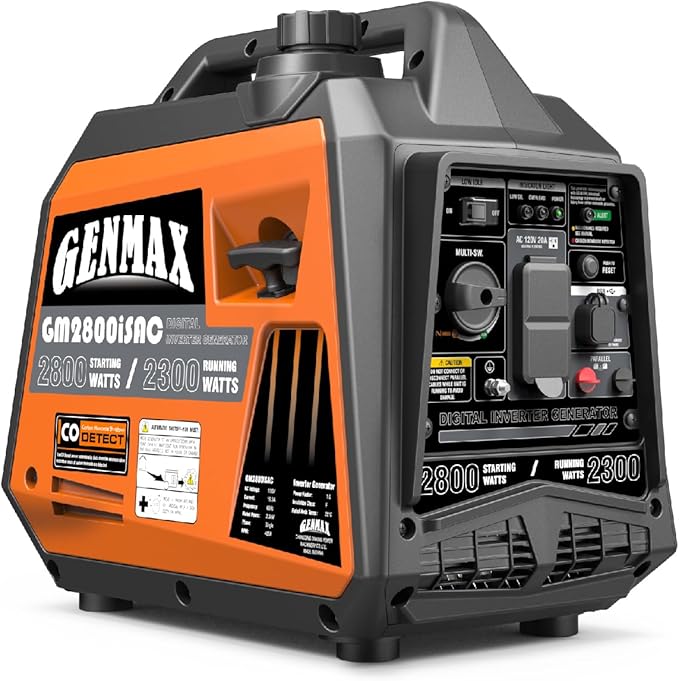 GENMAX Portable Generator, 2800W ultra-quiet gas engine,with CO Sensor and Parallel Capability, Ideal for camping outdoor Home backup power.EPA &CARB Compliant (GM2800iSAC)