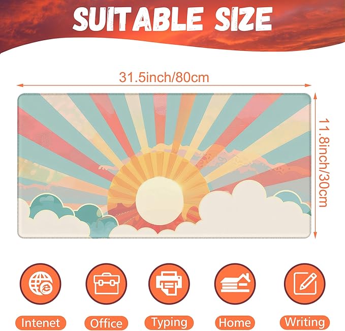 KOAIWPAE Large Gaming Mouse Pad for Desk, Boho Pastel Sun Desk Mat, Colorful Sunshine Desk Pad, 31.5"x15.7" Extended Big Computer Keyboard Mouse Pad with Non-Slip Base and Stitched Edge