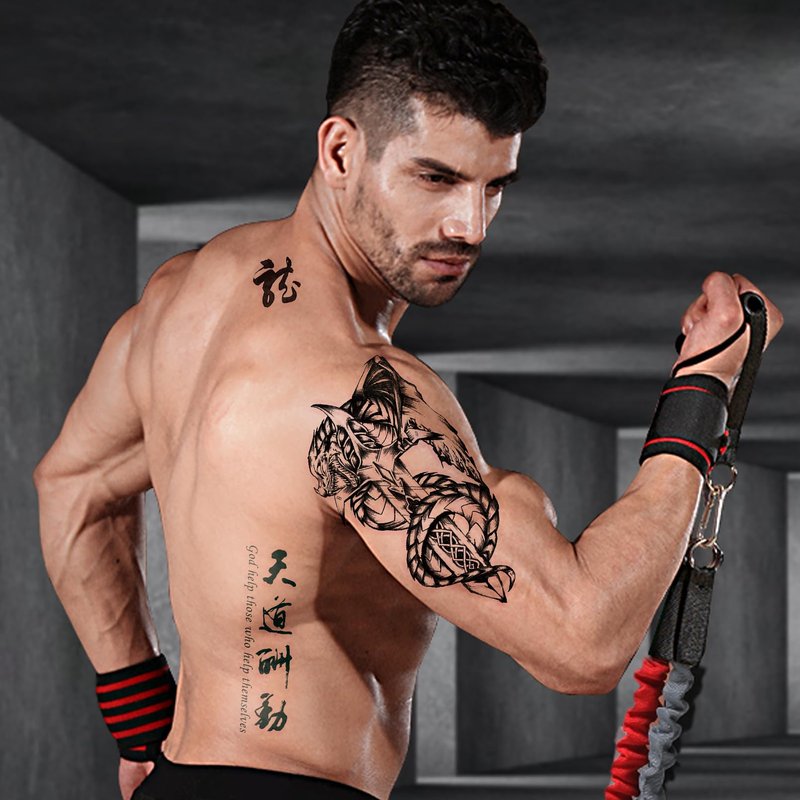 VERKSTAD Black Realistic Temporary Tattoos for Men Women, Waterproof Half Sleeve Fake Tattoos for Boys Girls, Warrior Wing Cross Dragon Letter Totem Tattoo Kits for Parties Festivals Cosplay